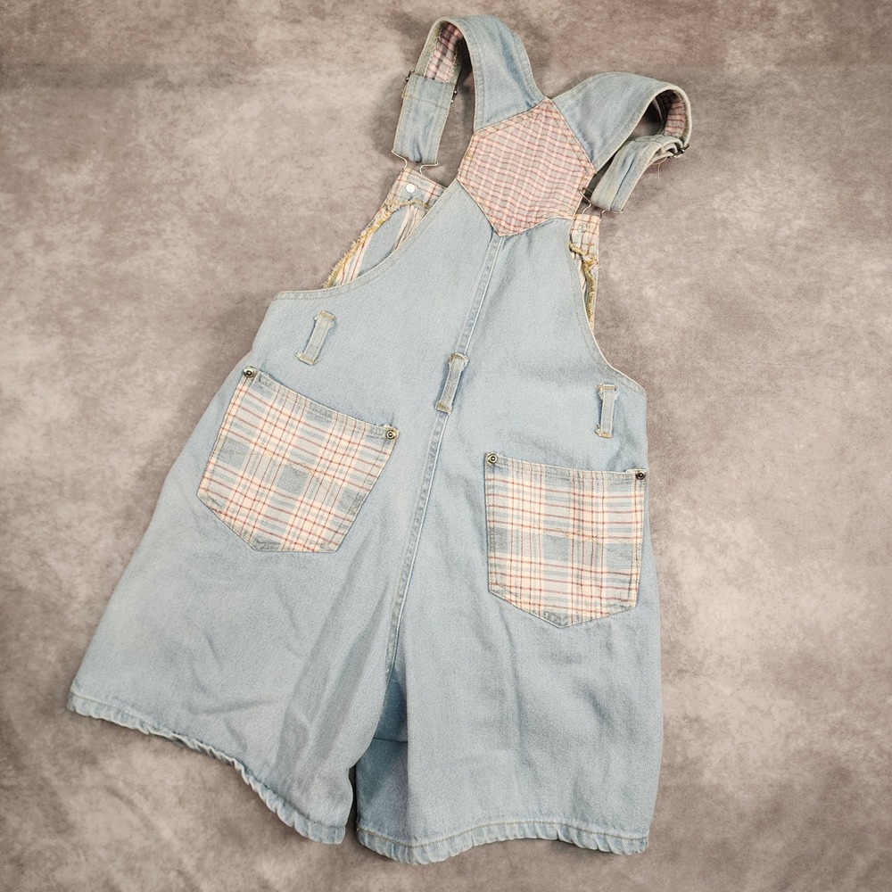 Goodfellows Vintage Plaid Contrast Denim Shortalls Light Wash Blue 7/8